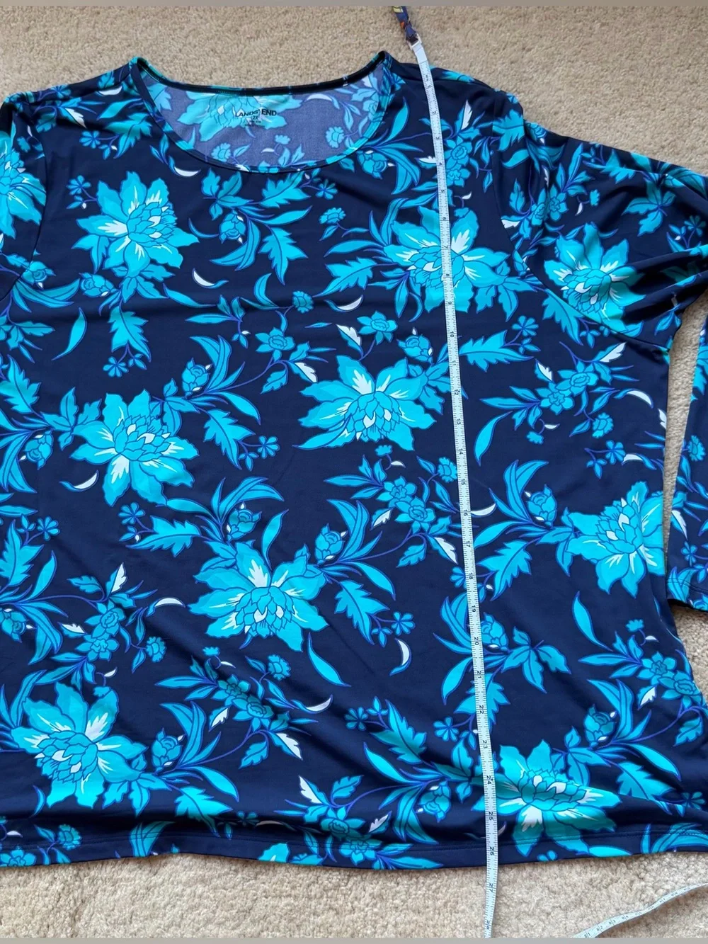 LANDS’ END Blue Floral Swim Long Sleeve UPF Rash Guard - 2X (20W/22W) - EUC